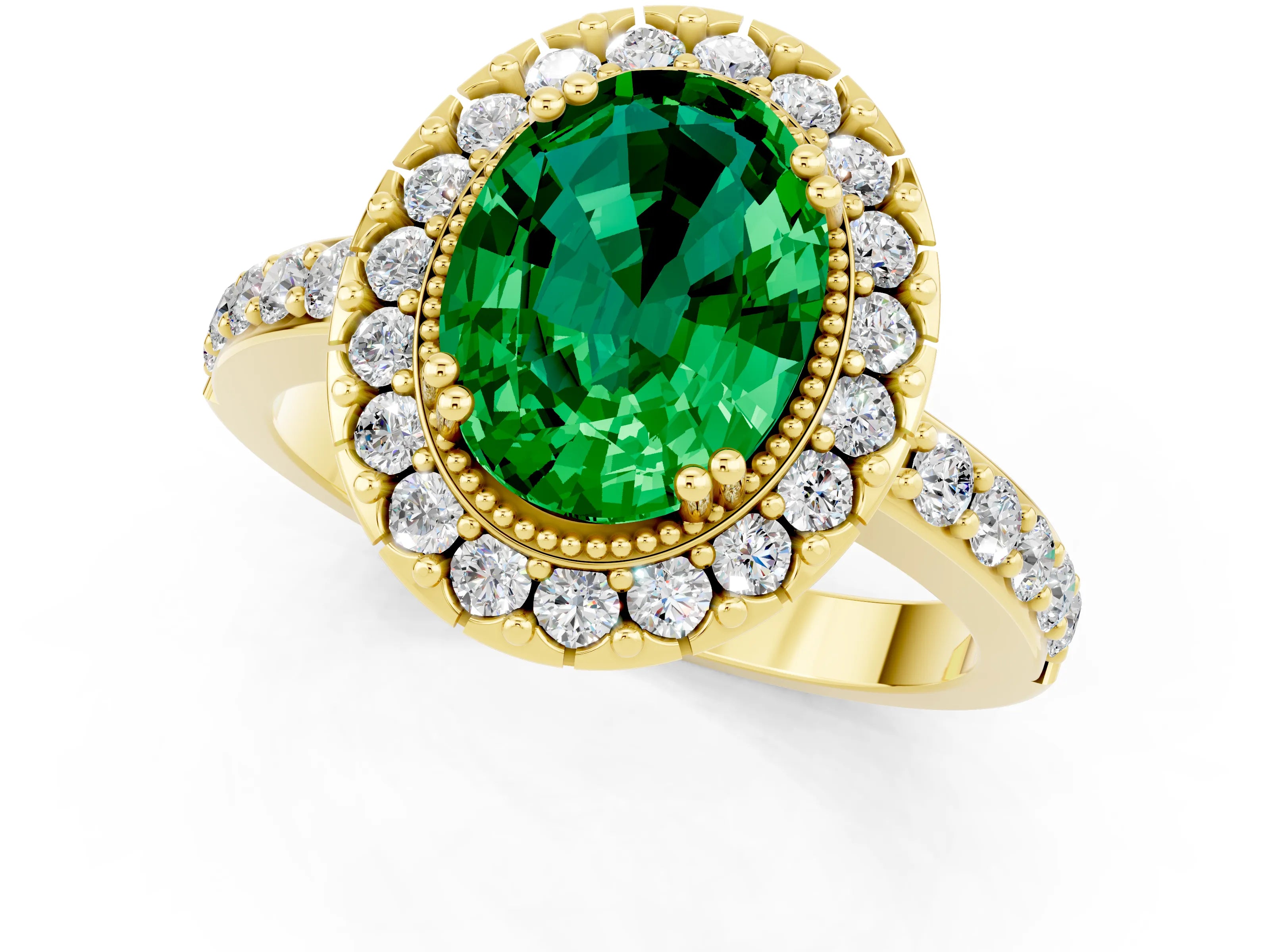 Yellow gold Oval Cut Diamond Halo Ring with Pavé Band and Prong Setting_1