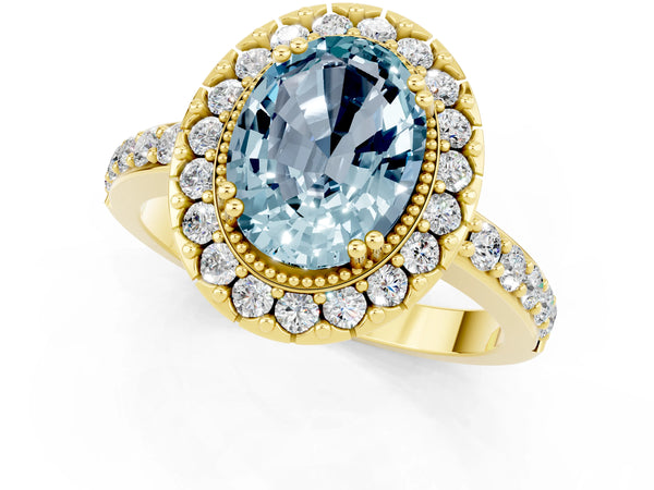 Yellow gold Oval Cut Aquamarine Halo Ring with Pavé Band and Prong Setting