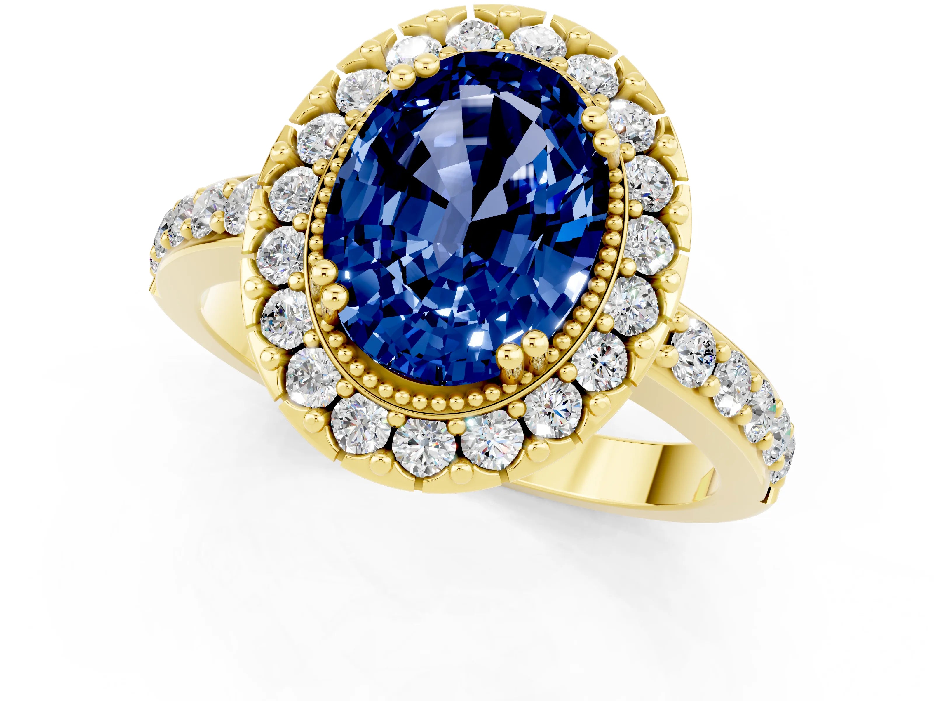 Yellow gold Oval Cut Diamond Halo Ring with Pavé Band and Prong Setting_1