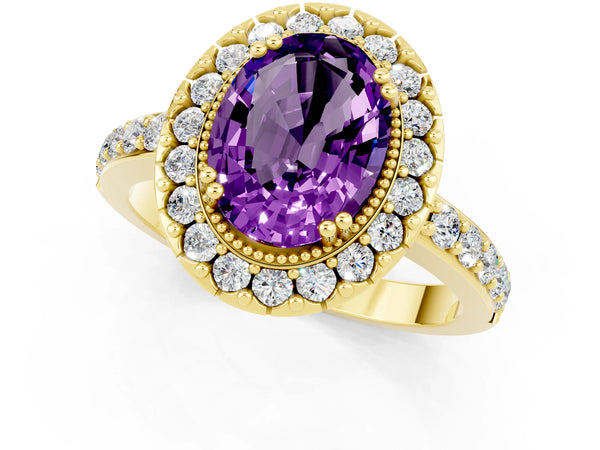 Yellow gold Oval Cut Amethyst Halo Ring with Pavé Band and Prong Setting