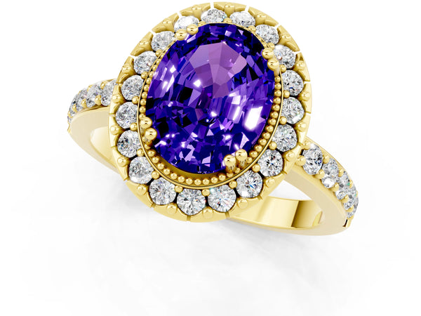 Yellow gold Oval Cut Tanzanite Halo Ring with Pavé Band and Prong Setting