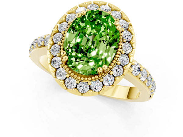 Yellow gold Oval Cut Peridot Halo Ring with Pavé Band and Prong Setting