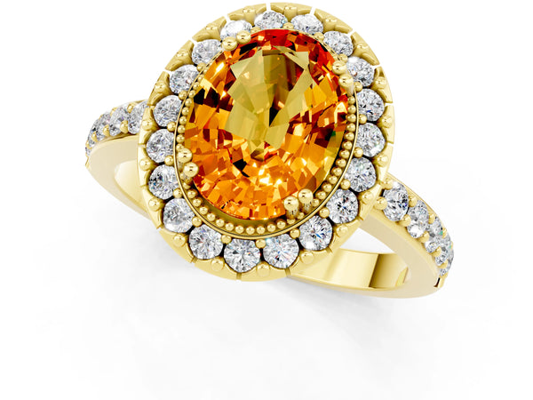 Yellow gold Oval Cut Citrine Halo Ring with Pavé Band and Prong Setting