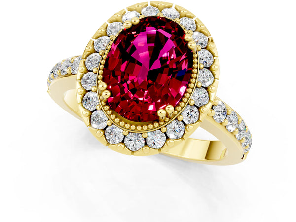 Yellow gold Oval Cut Garnet Halo Ring with Pavé Band and Prong Setting