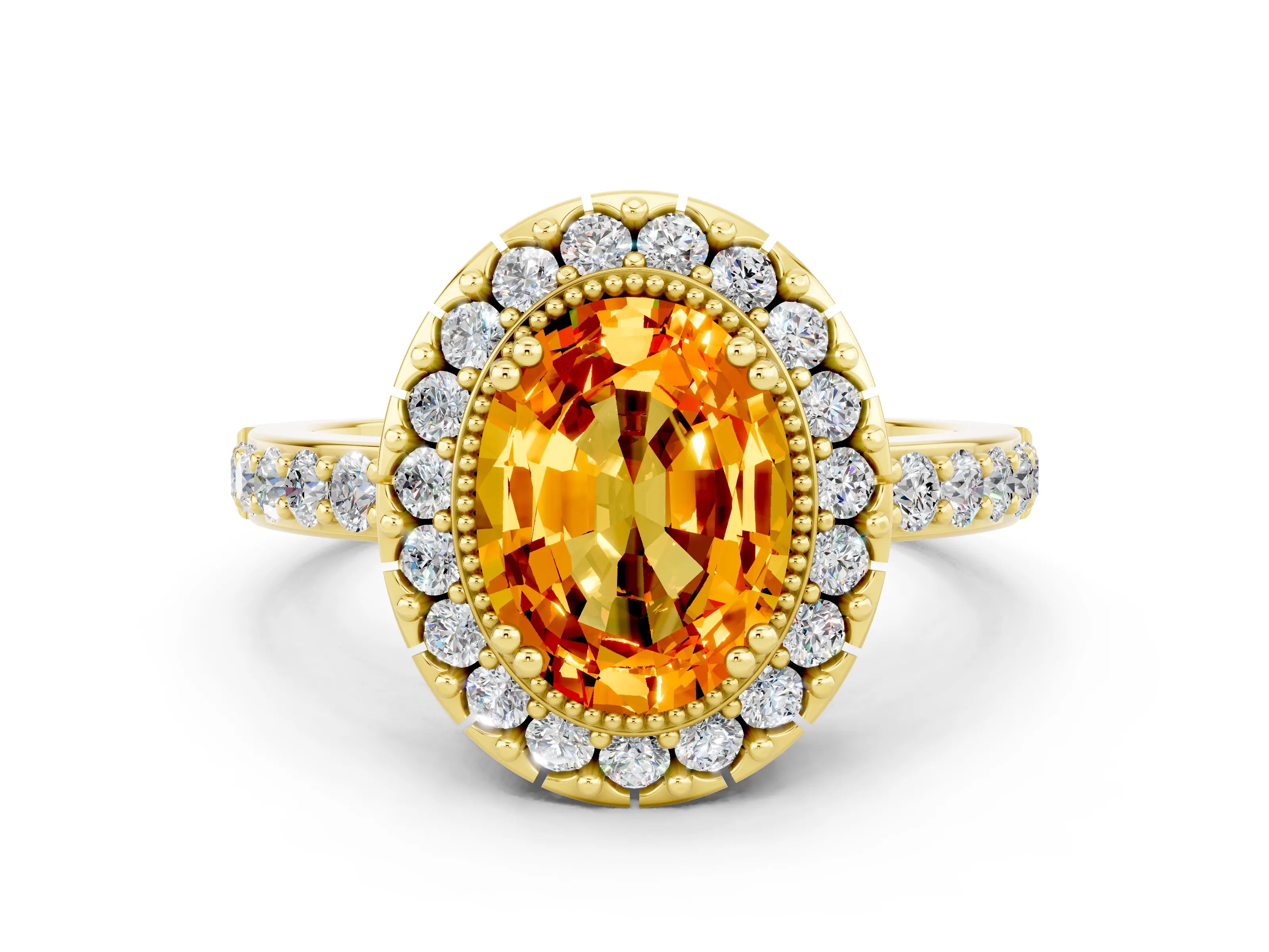 Yellow gold Oval Cut Diamond Halo Ring with Pavé Band and Prong Setting