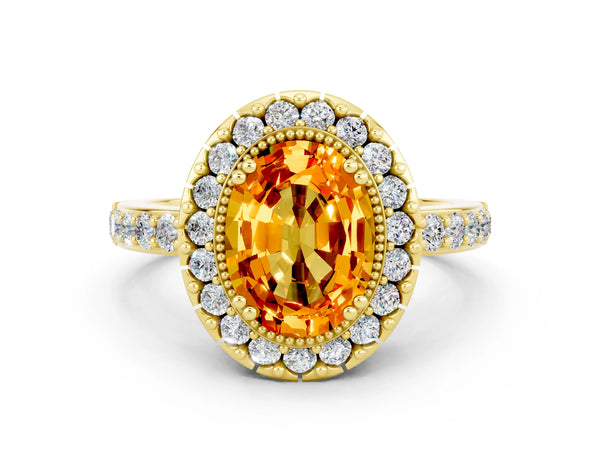 Yellow gold Oval Cut Citrine Halo Ring with Pavé Band and Prong Setting