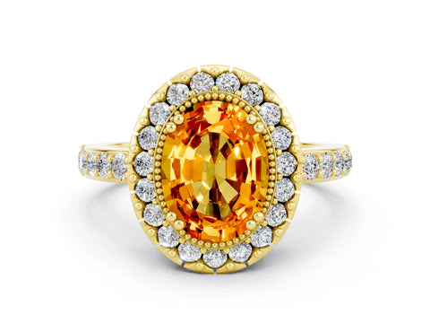 Yellow gold Oval Cut Diamond Halo Ring with Pavé Band and Prong Setting
