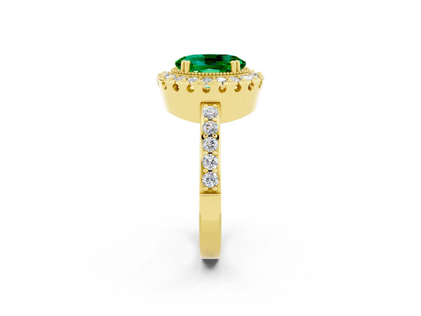 Yellow Gold Oval Lab-Grown Emerald Vintage Halo Engagement Ring with Pierced Gallery and Milgrain