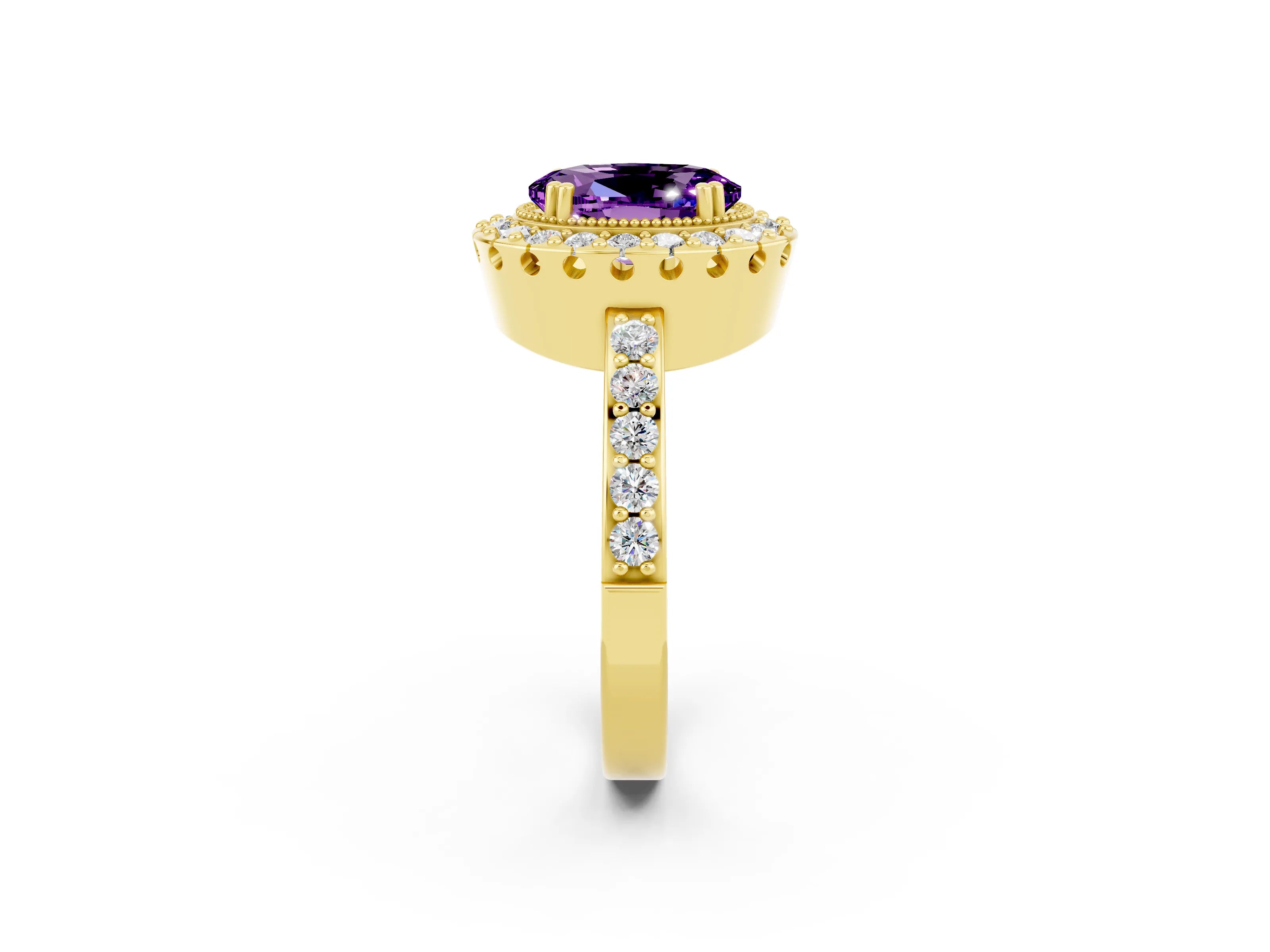 Yellow gold Oval Cut Diamond Halo Ring with Pavé Band and Prong Setting_2