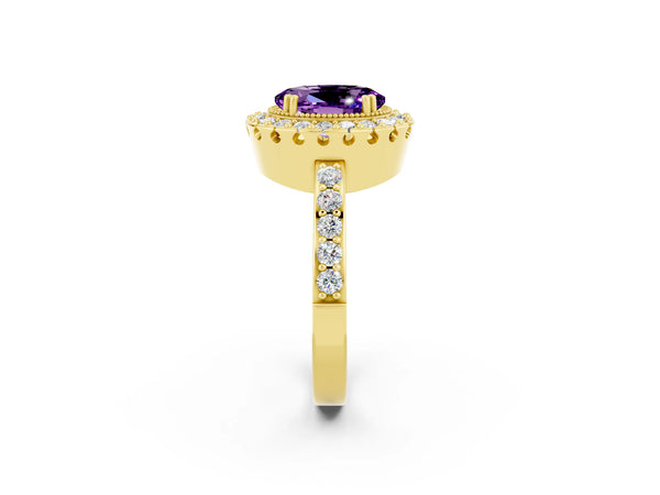 Yellow gold Oval Cut Amethyst Halo Ring with Pavé Band and Prong Setting