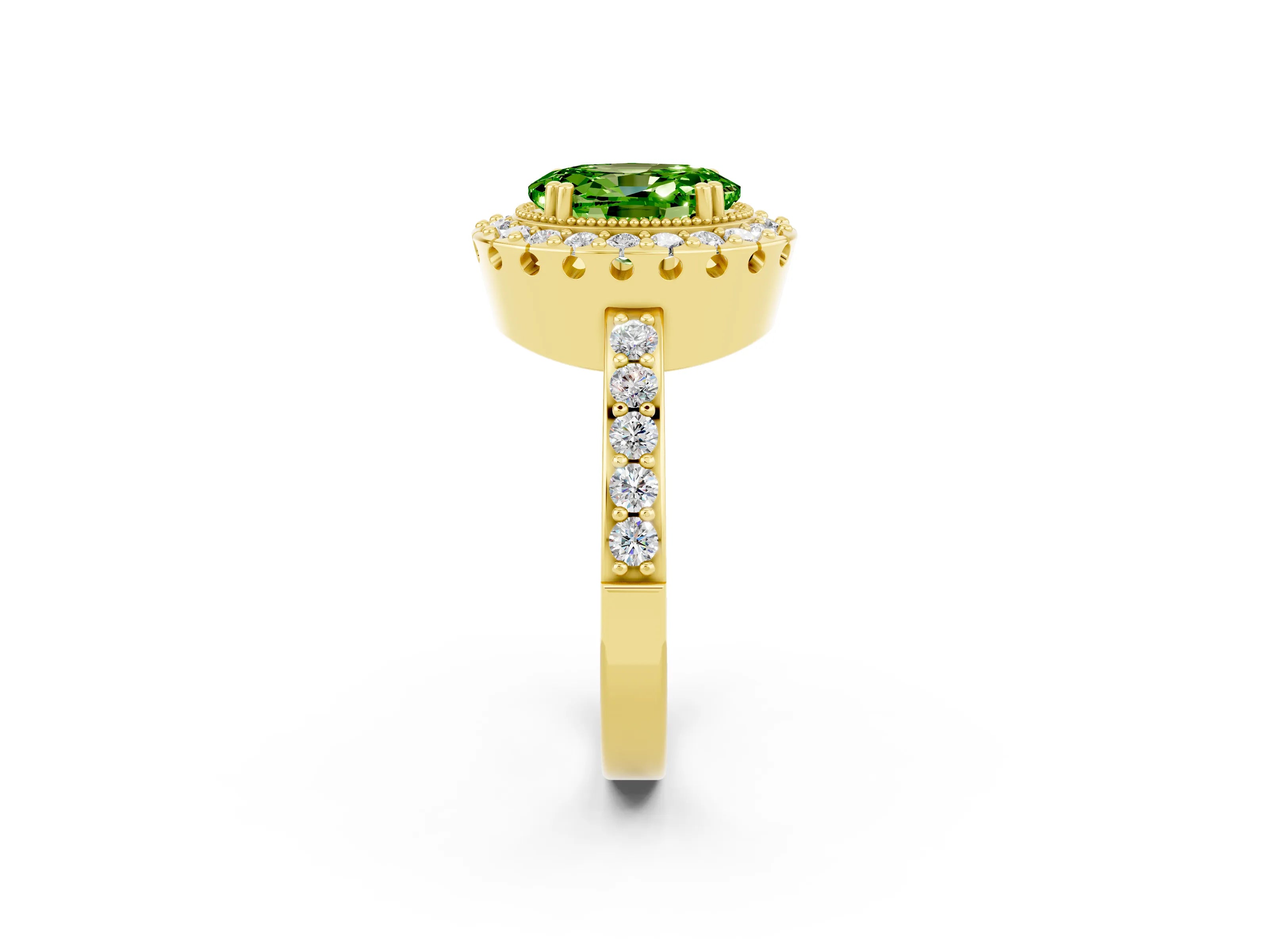 Yellow gold Oval Cut Diamond Halo Ring with Pavé Band and Prong Setting_2