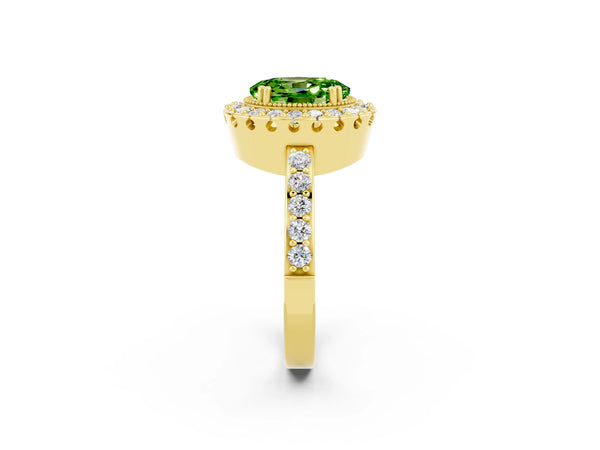 Yellow gold Oval Cut Peridot Halo Ring with Pavé Band and Prong Setting