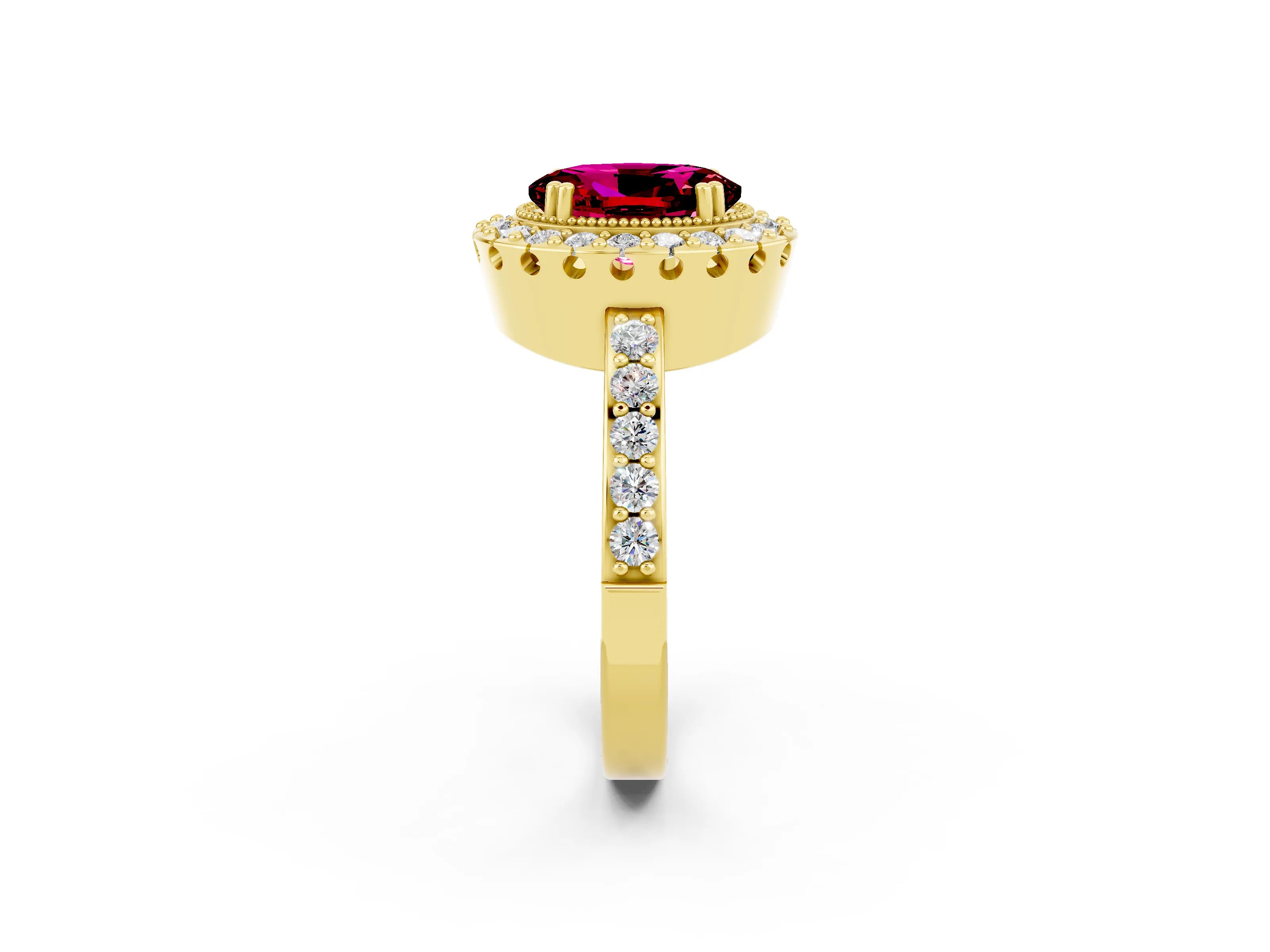 Yellow gold Oval Cut Diamond Halo Ring with Pavé Band and Prong Setting_2