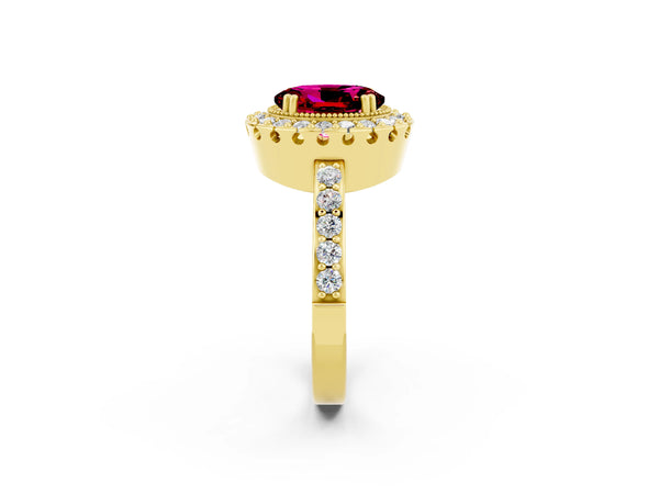Yellow gold Oval Cut Garnet Halo Ring with Pavé Band and Prong Setting