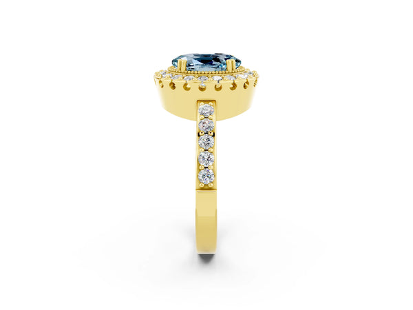 Yellow gold Oval Cut Aquamarine Halo Ring with Pavé Band and Prong Setting