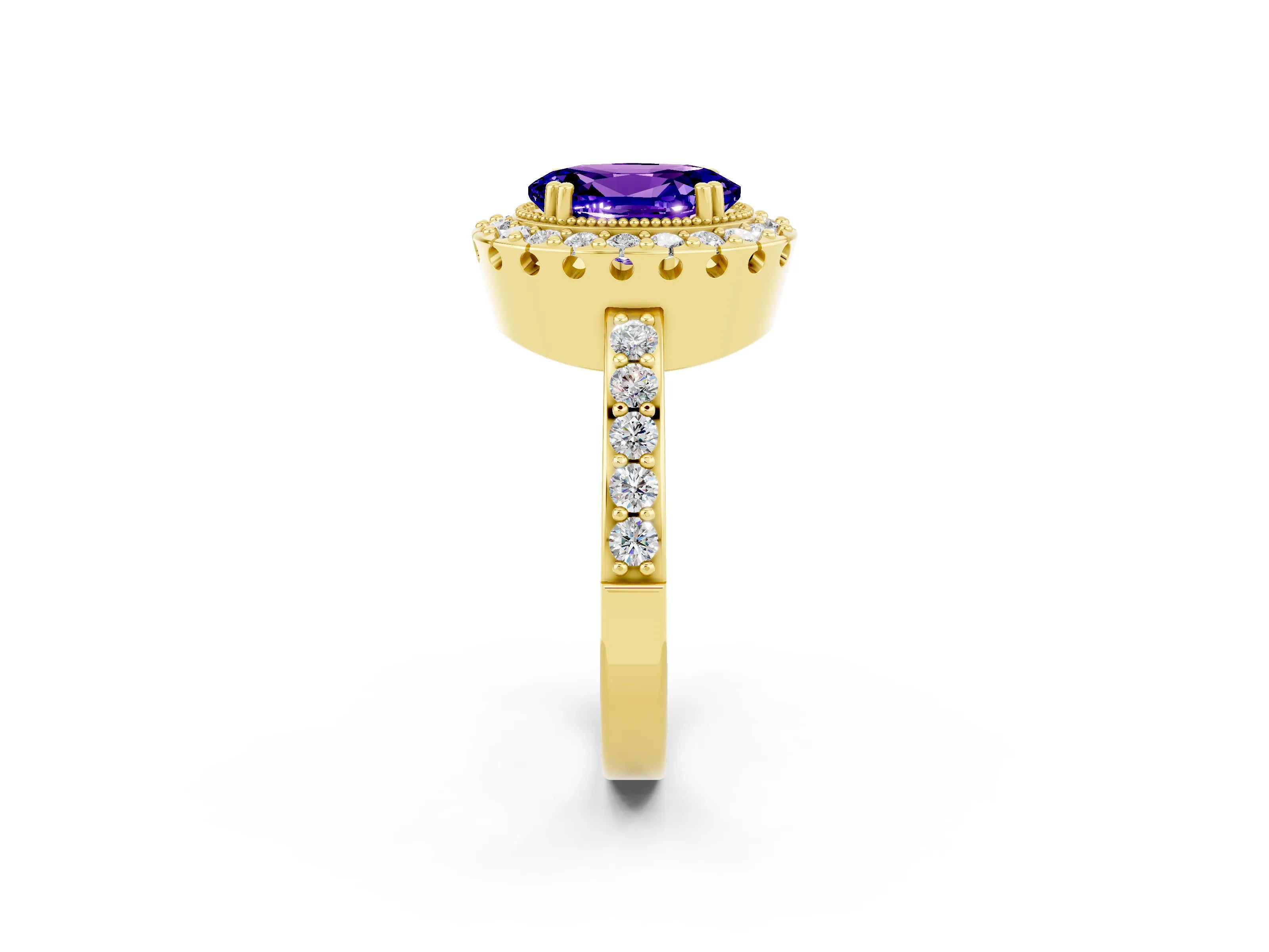 Yellow gold Oval Cut Diamond Halo Ring with Pavé Band and Prong Setting_2
