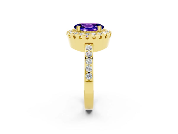 Yellow gold Oval Cut Tanzanite Halo Ring with Pavé Band and Prong Setting