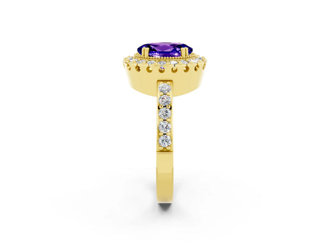 Yellow gold Oval Cut Diamond Halo Ring with Pavé Band and Prong Setting_2