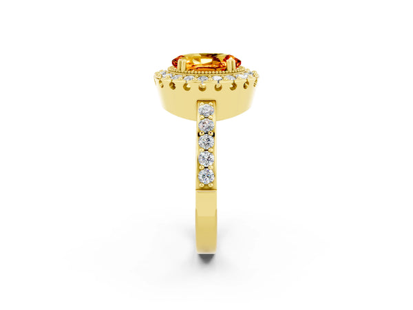 Yellow gold Oval Cut Citrine Halo Ring with Pavé Band and Prong Setting