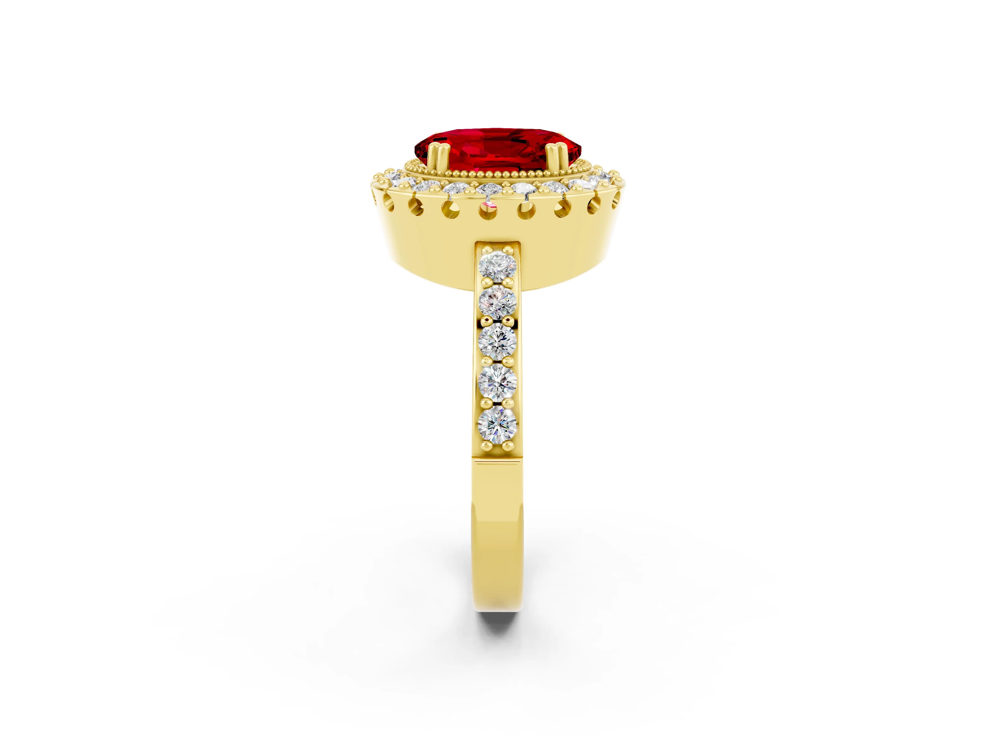 Yellow gold Oval Cut Diamond Halo Ring with Pavé Band and Prong Setting_2