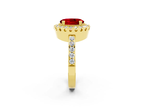 Yellow gold Oval Cut Ruby Halo Ring with Pavé Band and Prong Setting