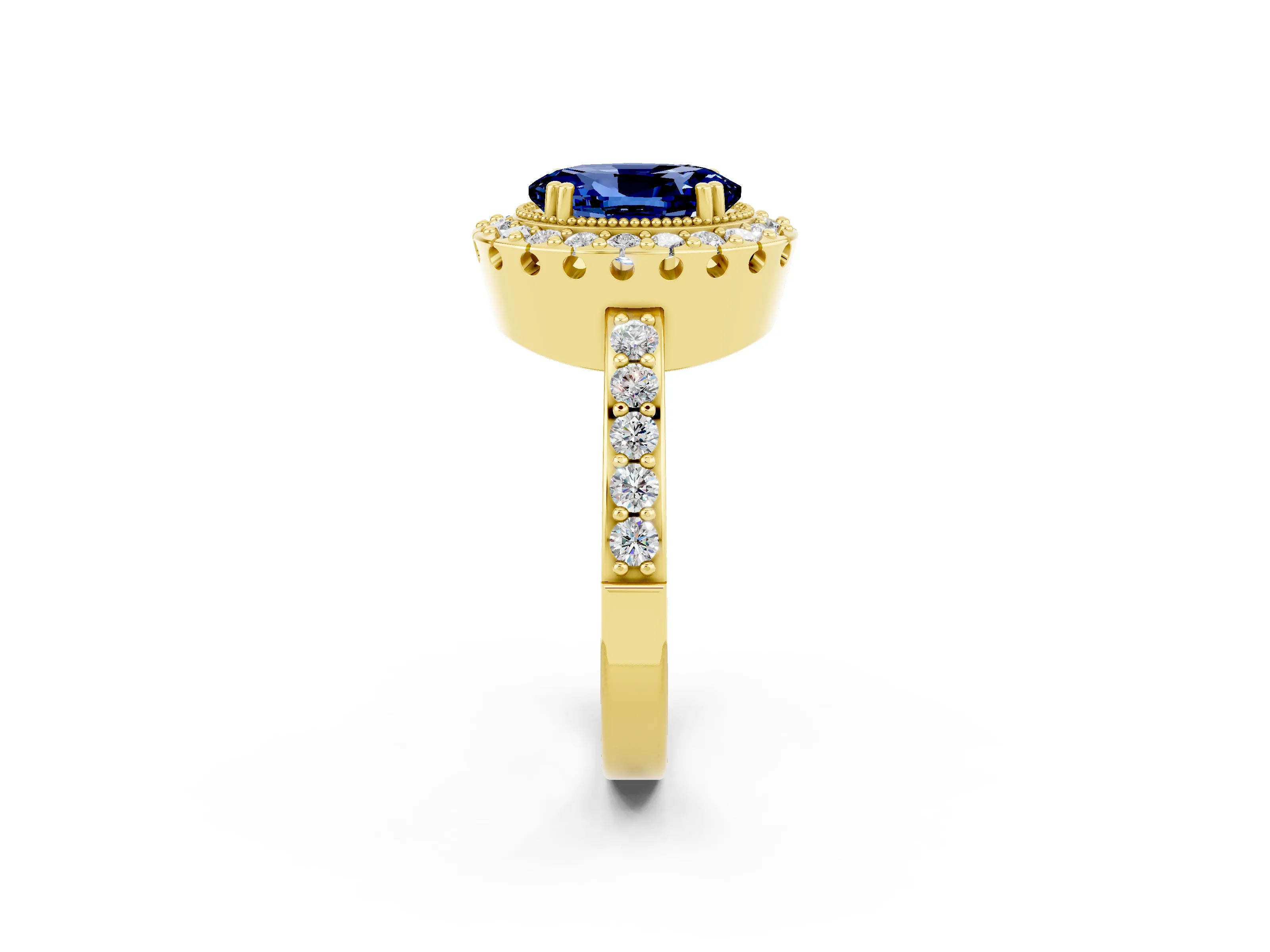 Yellow gold Oval Cut Diamond Halo Ring with Pavé Band and Prong Setting_2
