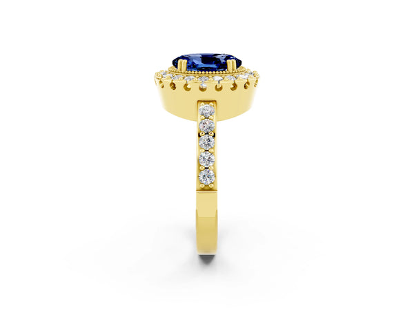 Yellow gold Oval Cut Blue Sapphire Halo Ring with Pavé Band and Prong Setting