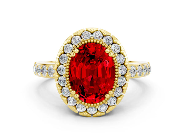 Yellow gold Oval Cut Ruby Halo Ring with Pavé Band and Prong Setting