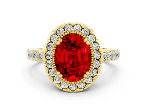 Yellow gold Oval Cut Diamond Halo Ring with Pavé Band and Prong Setting
