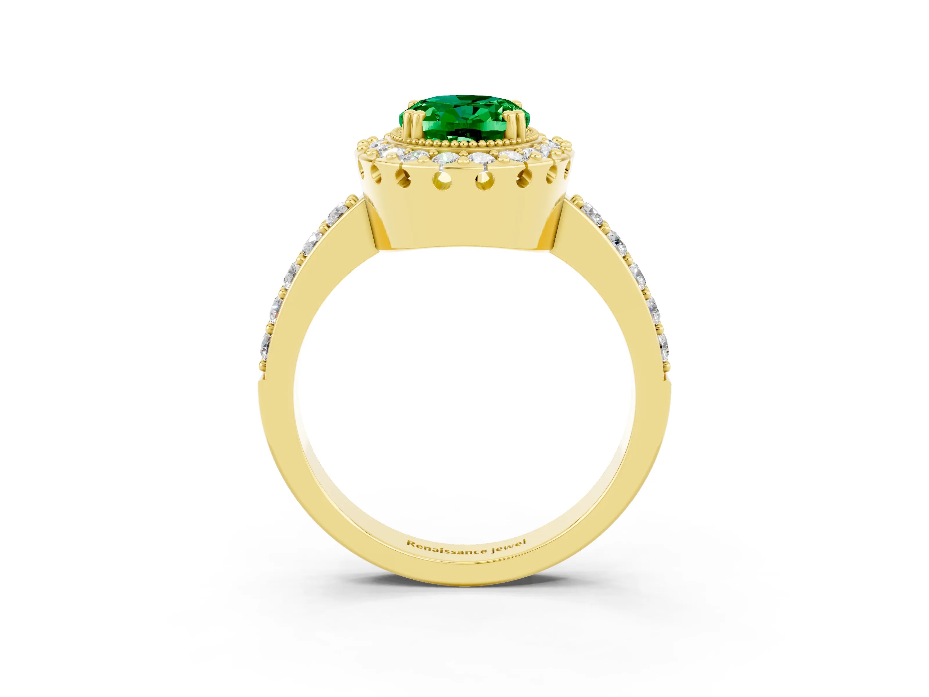 Yellow gold Oval Cut Diamond Halo Ring with Pavé Band and Prong Setting_3