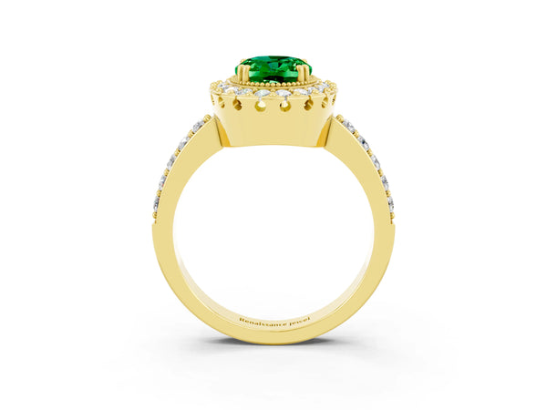 Yellow Gold Oval Lab-Grown Emerald Vintage Halo Engagement Ring with Pierced Gallery and Milgrain