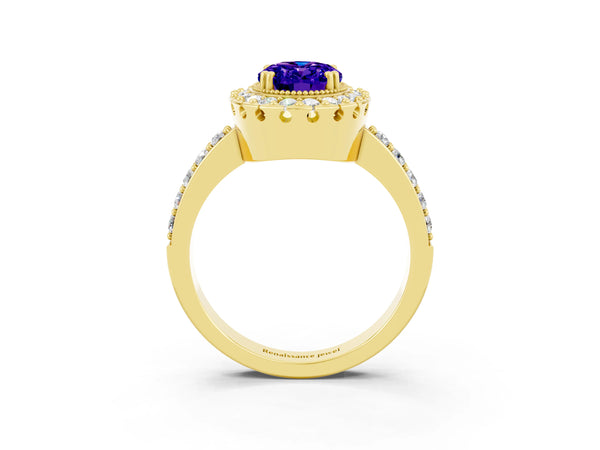 Yellow gold Oval Cut Tanzanite Halo Ring with Pavé Band and Prong Setting