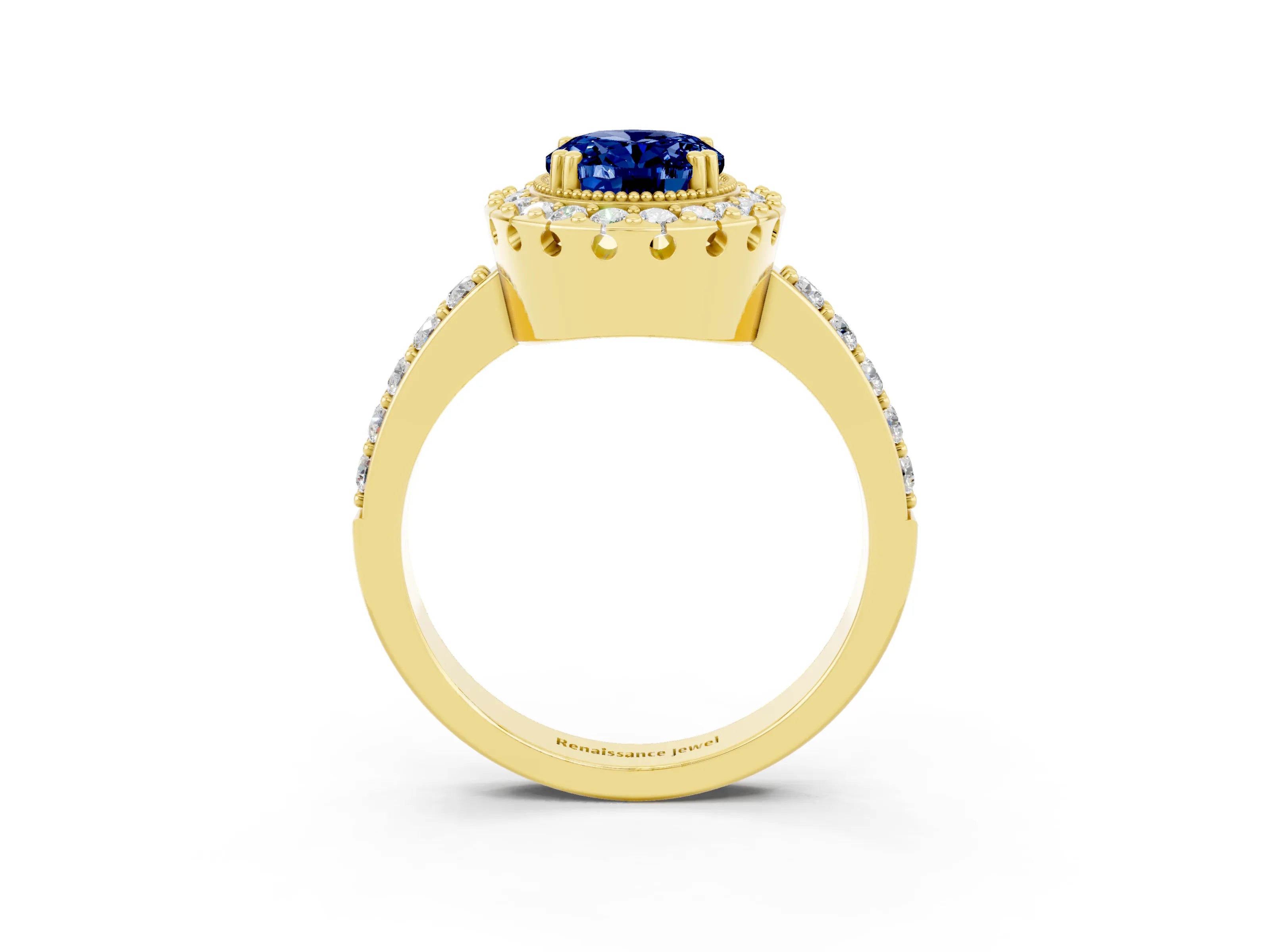 Yellow gold Oval Cut Diamond Halo Ring with Pavé Band and Prong Setting_3