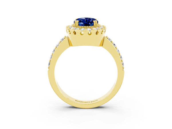Yellow gold Oval Cut Blue Sapphire Halo Ring with Pavé Band and Prong Setting