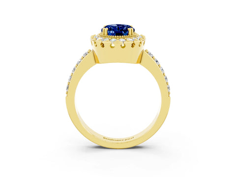 Yellow gold Oval Cut Diamond Halo Ring with Pavé Band and Prong Setting_3