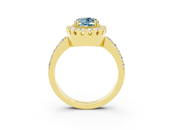 Yellow gold Oval Cut Aquamarine Halo Ring with Pavé Band and Prong Setting
