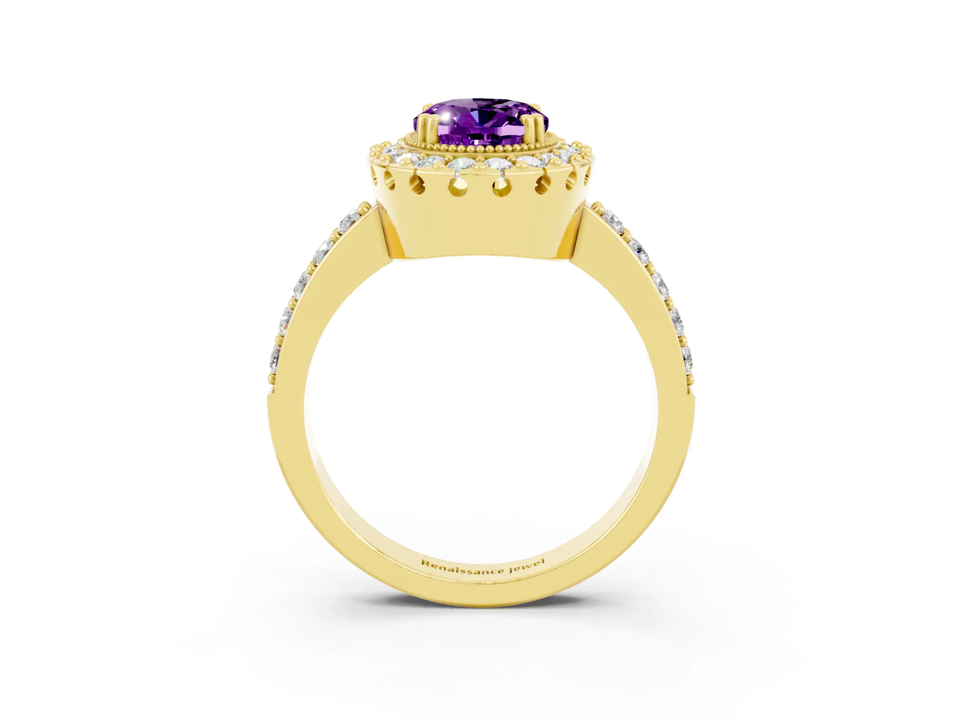 Yellow gold Oval Cut Diamond Halo Ring with Pavé Band and Prong Setting_3