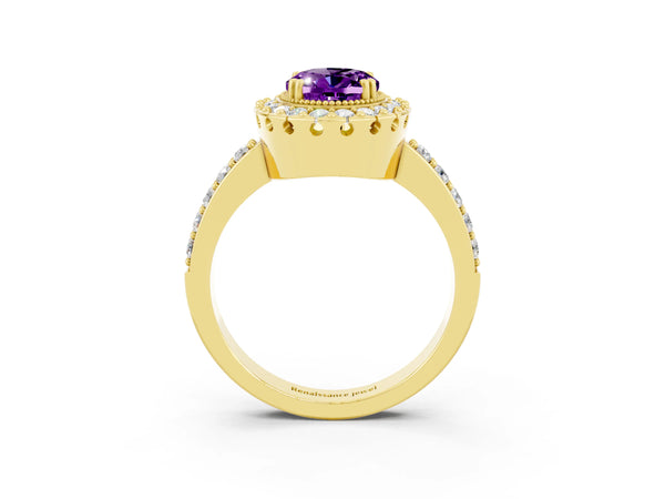 Yellow gold Oval Cut Amethyst Halo Ring with Pavé Band and Prong Setting