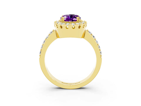 Yellow gold Oval Cut Diamond Halo Ring with Pavé Band and Prong Setting_3