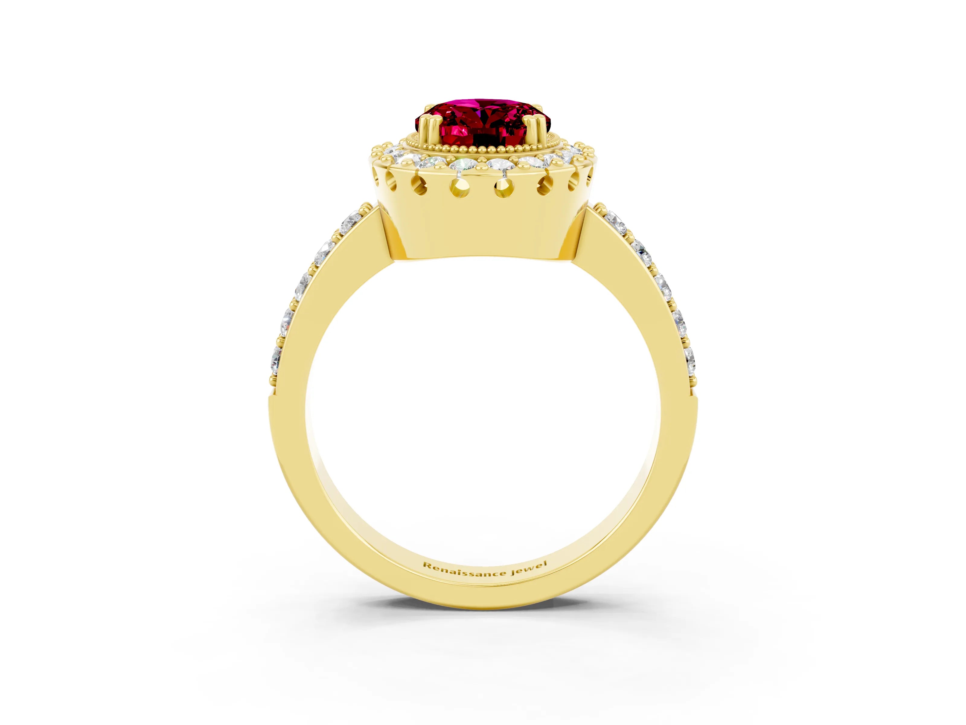 Yellow gold Oval Cut Diamond Halo Ring with Pavé Band and Prong Setting_3