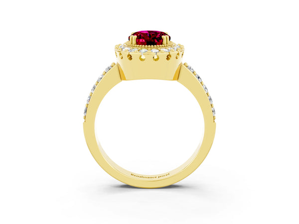Yellow gold Oval Cut Garnet Halo Ring with Pavé Band and Prong Setting