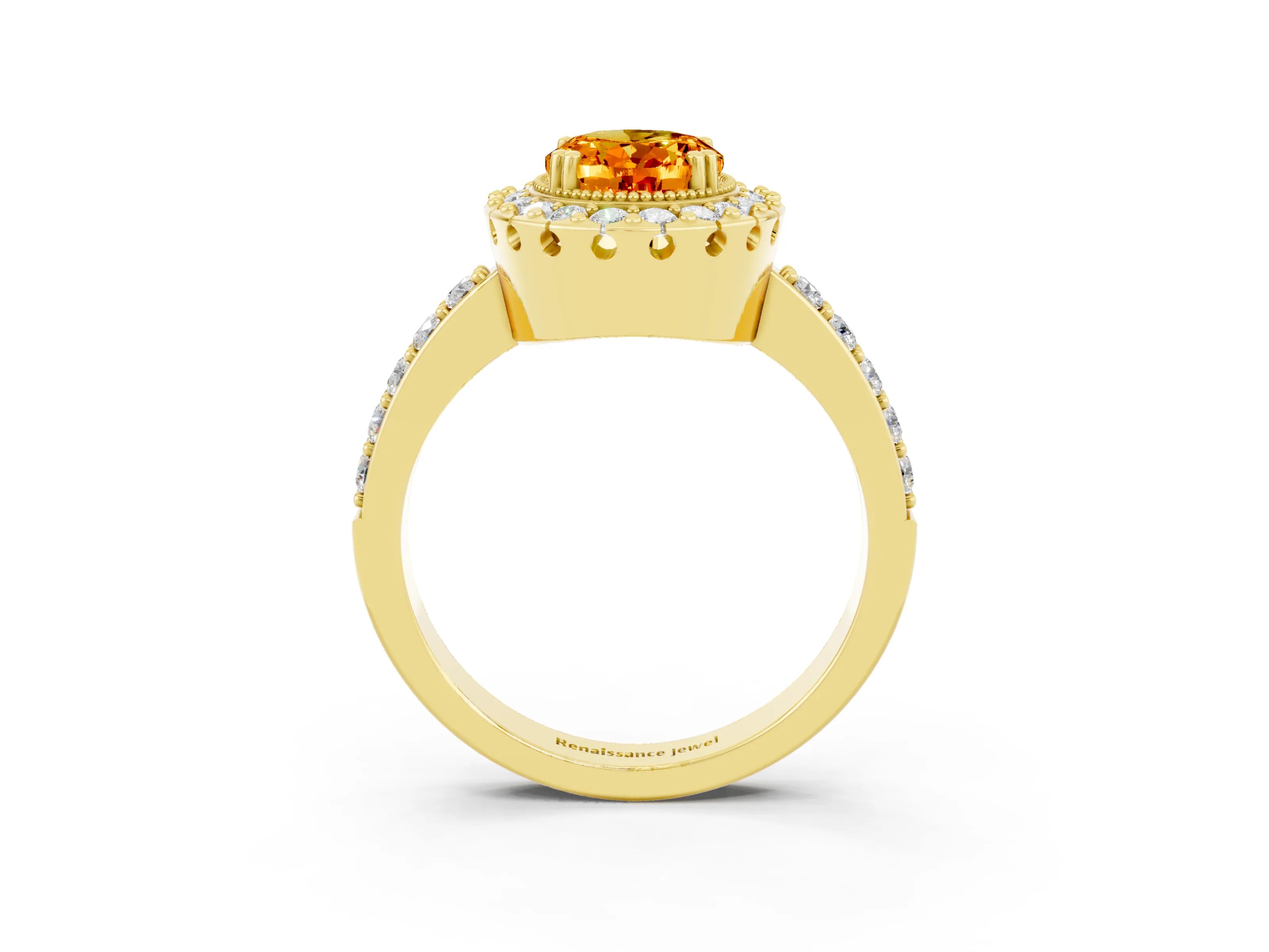 Yellow gold Oval Cut Diamond Halo Ring with Pavé Band and Prong Setting_3