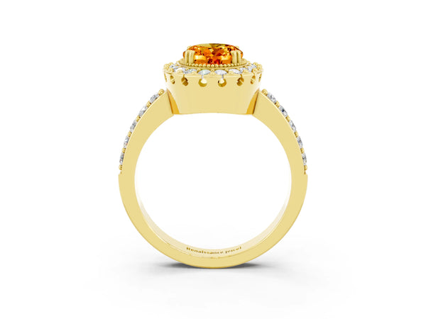 Yellow gold Oval Cut Citrine Halo Ring with Pavé Band and Prong Setting