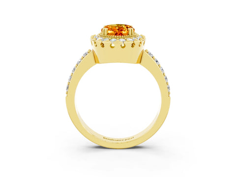 Yellow gold Oval Cut Diamond Halo Ring with Pavé Band and Prong Setting_3