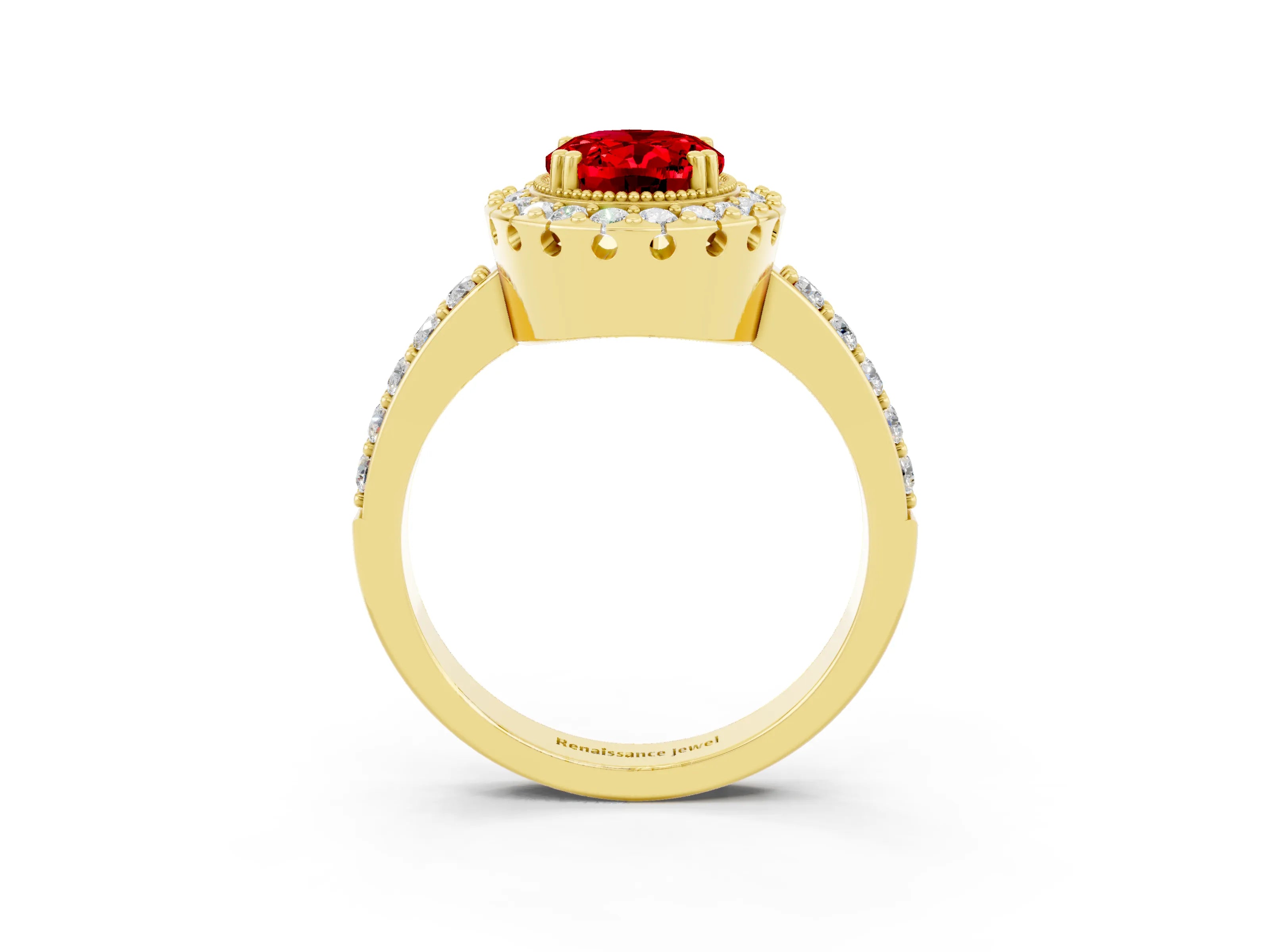 Yellow gold Oval Cut Diamond Halo Ring with Pavé Band and Prong Setting_3