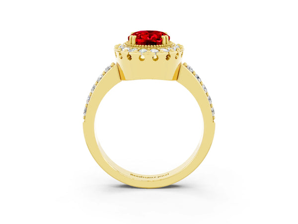 Yellow gold Oval Cut Ruby Halo Ring with Pavé Band and Prong Setting