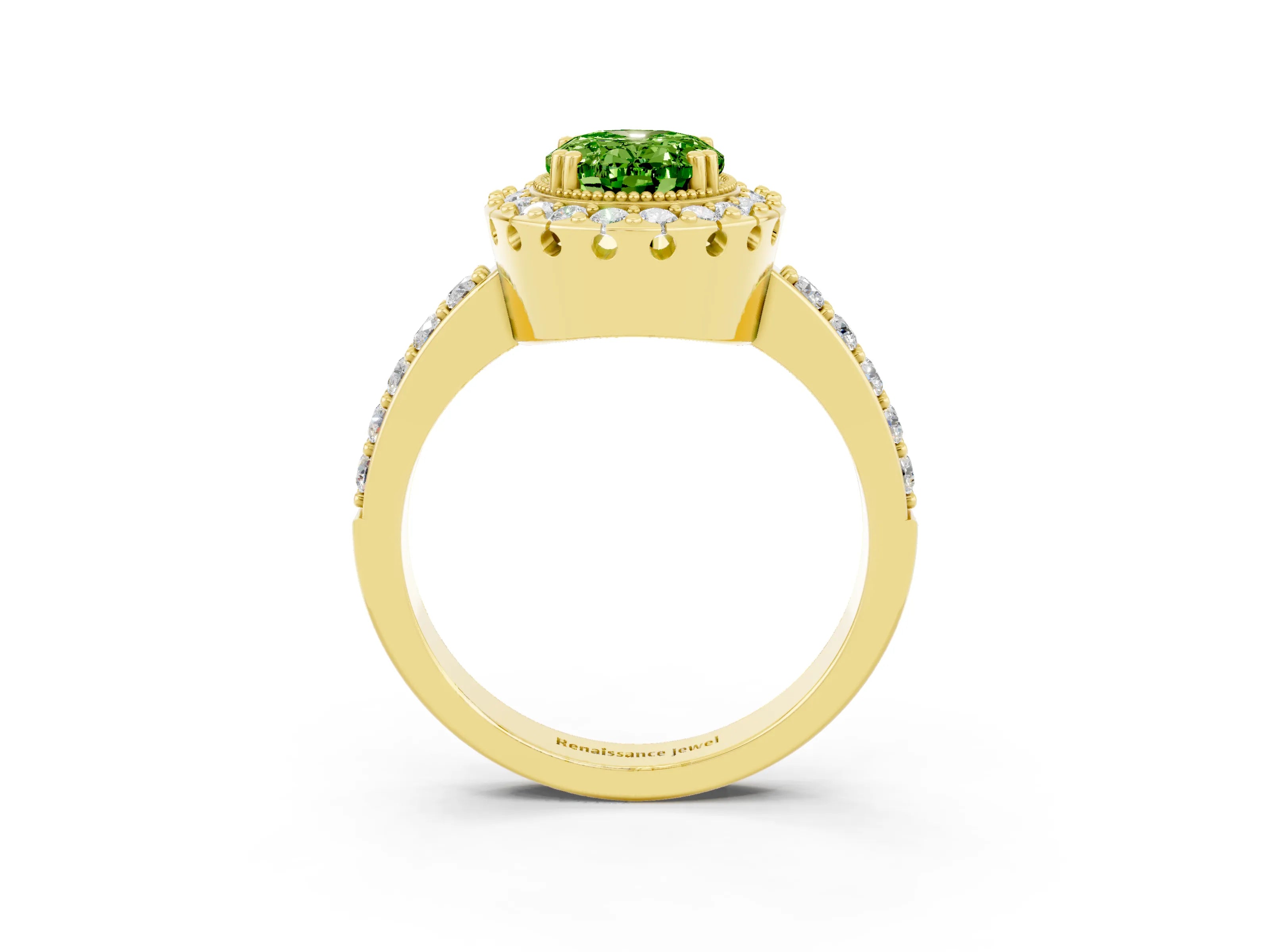Yellow gold Oval Cut Diamond Halo Ring with Pavé Band and Prong Setting_3