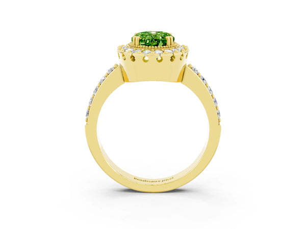 Yellow gold Oval Cut Peridot Halo Ring with Pavé Band and Prong Setting