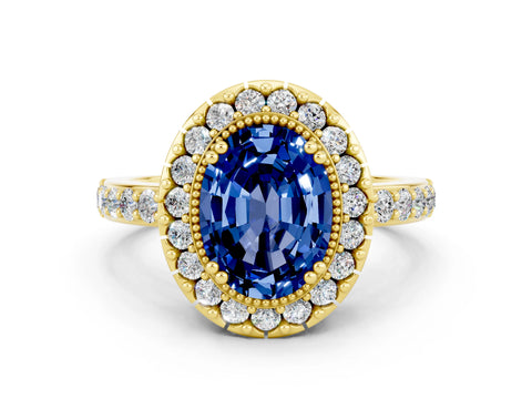 Yellow gold Oval Cut Diamond Halo Ring with Pavé Band and Prong Setting