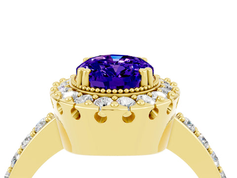 Yellow gold Oval Cut Diamond Halo Ring with Pavé Band and Prong Setting_4